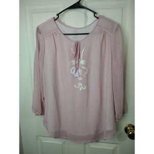 St. Johns Bay V Neck Tassel Embroidery Front Pink White Striped Blouse. Size M